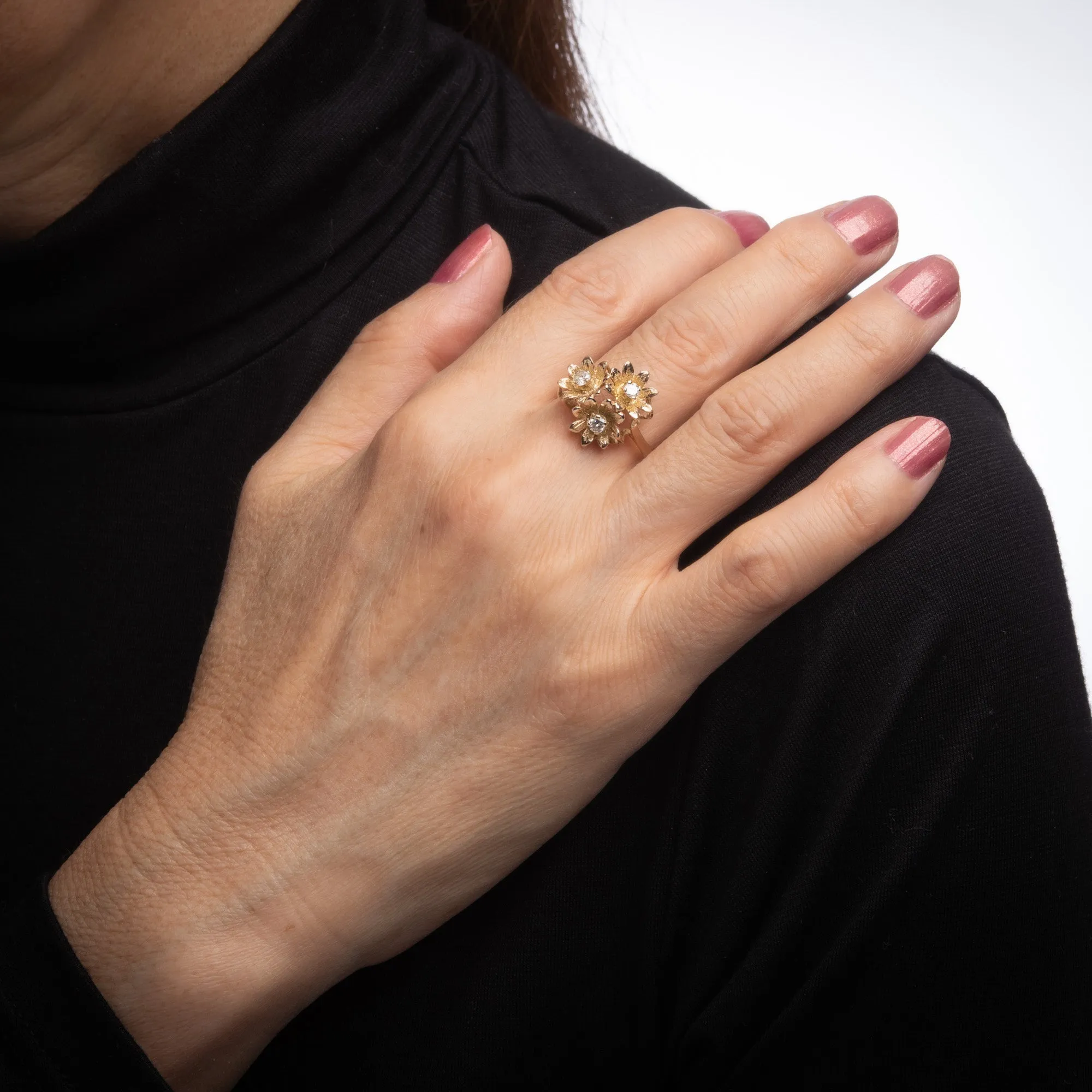 Diamond Buttercup Ring Vintage 10k Yellow Gold 3 Flowers Estate Fine Jewelry