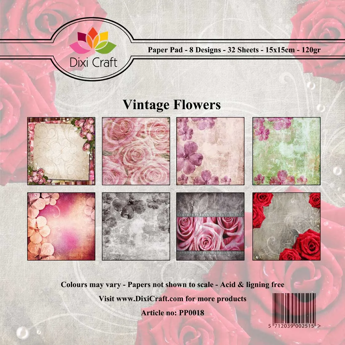 Dixi Craft 8 Designs Paper Pad 6" Card Making 32 Sheets VINTAGE FLOWERS AS SEEN ON TV