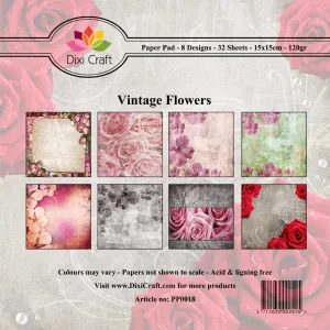 Dixi Craft 8 Designs Paper Pad 6" Card Making 32 Sheets VINTAGE FLOWERS AS SEEN ON TV