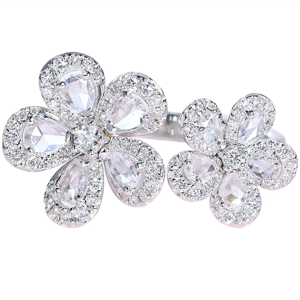 Double Diamond Sakura Flowers Open Ring