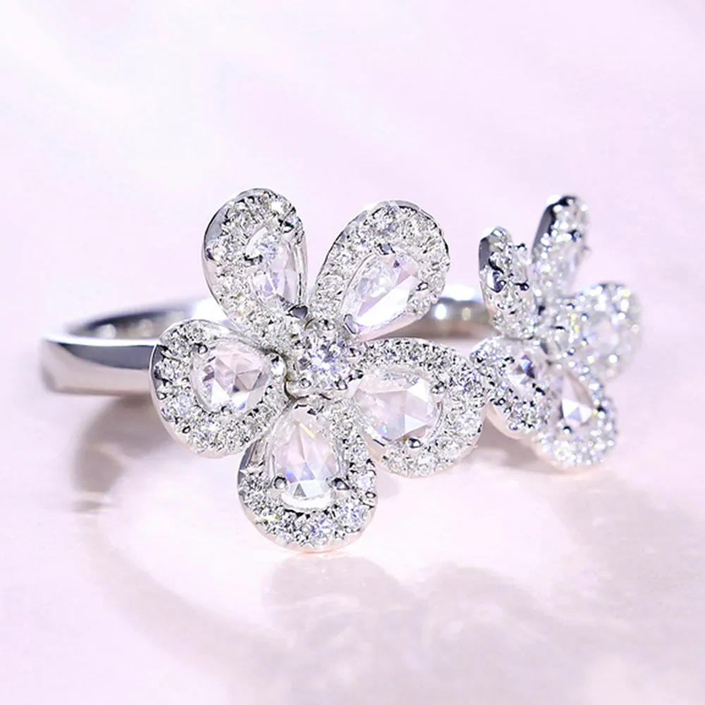 Double Diamond Sakura Flowers Open Ring