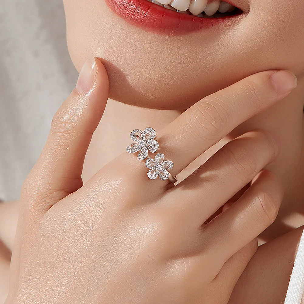 Double Diamond Sakura Flowers Open Ring