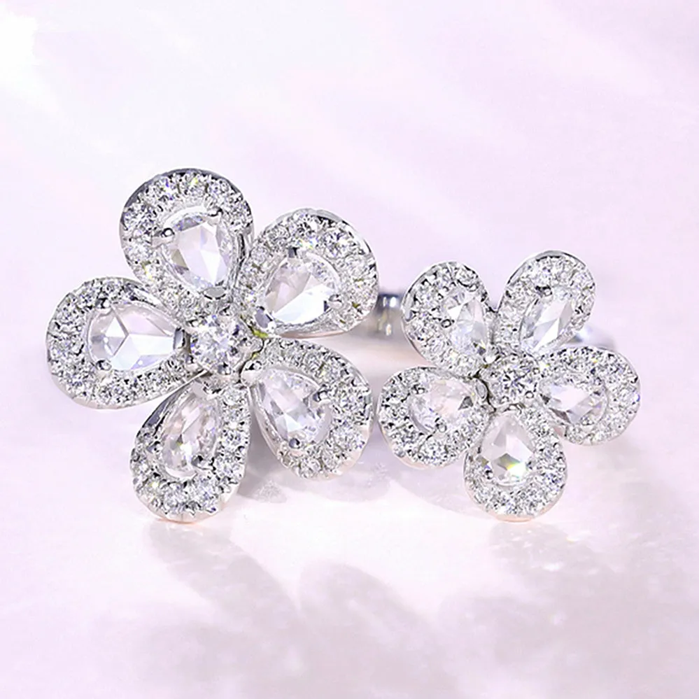 Double Diamond Sakura Flowers Open Ring