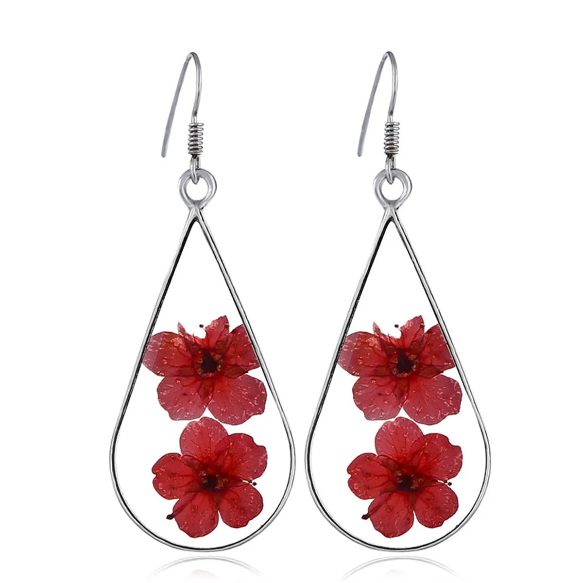 Double Red Pressed Peach Flower & Silver-Plated Drop Earrings