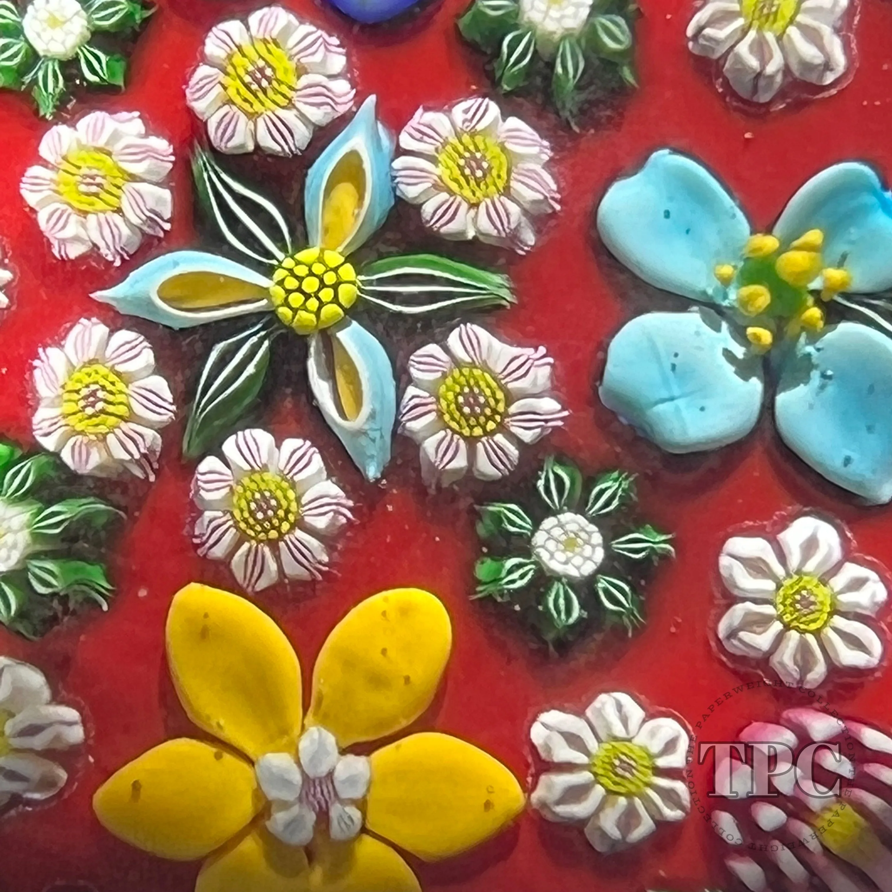 Drew Ebelhare & Sue Fox 2019 Glass Art Paperweight Patterned Flamework Flowers and Complex Millefiori on Red Ground