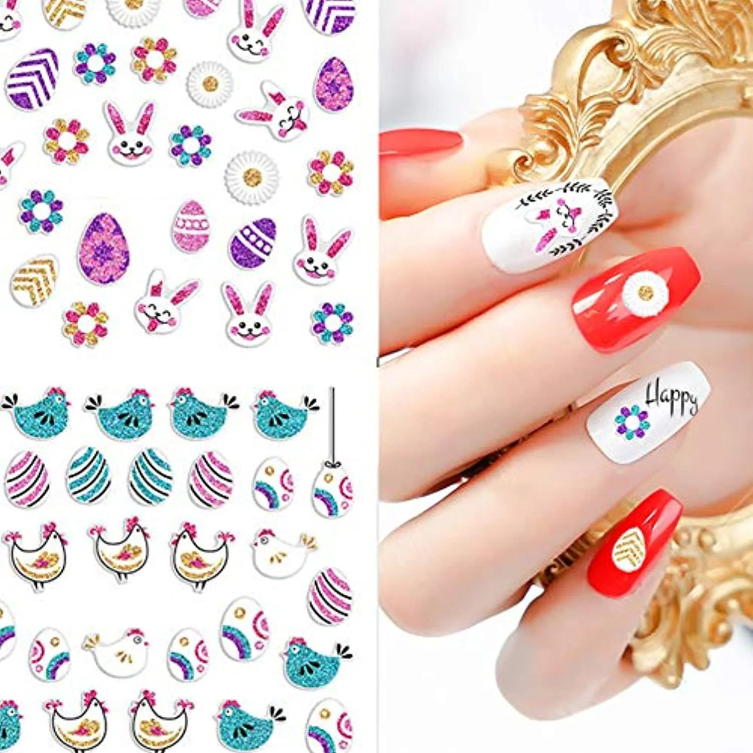 Easter Nail Art Stickers Decals Bunny Designer Nail Stickers for Nail Art Supplies Easter Basket Stuffers 3D Self-Adhesive Easter Eggs Rabbits Nail Sticker for Easter DIY Nail Decorations (12 Sheets)