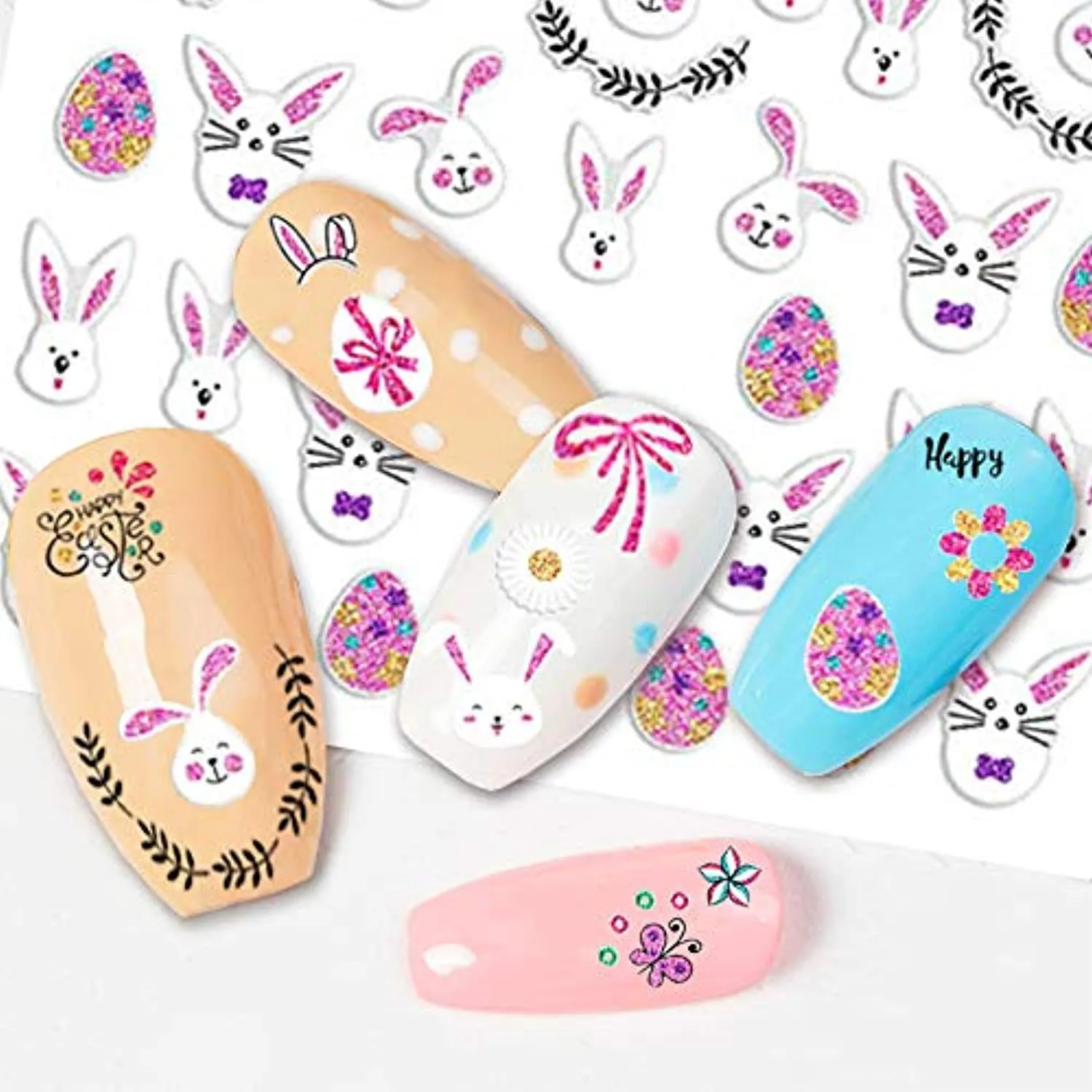 Easter Nail Art Stickers Decals Bunny Designer Nail Stickers for Nail Art Supplies Easter Basket Stuffers 3D Self-Adhesive Easter Eggs Rabbits Nail Sticker for Easter DIY Nail Decorations (12 Sheets)