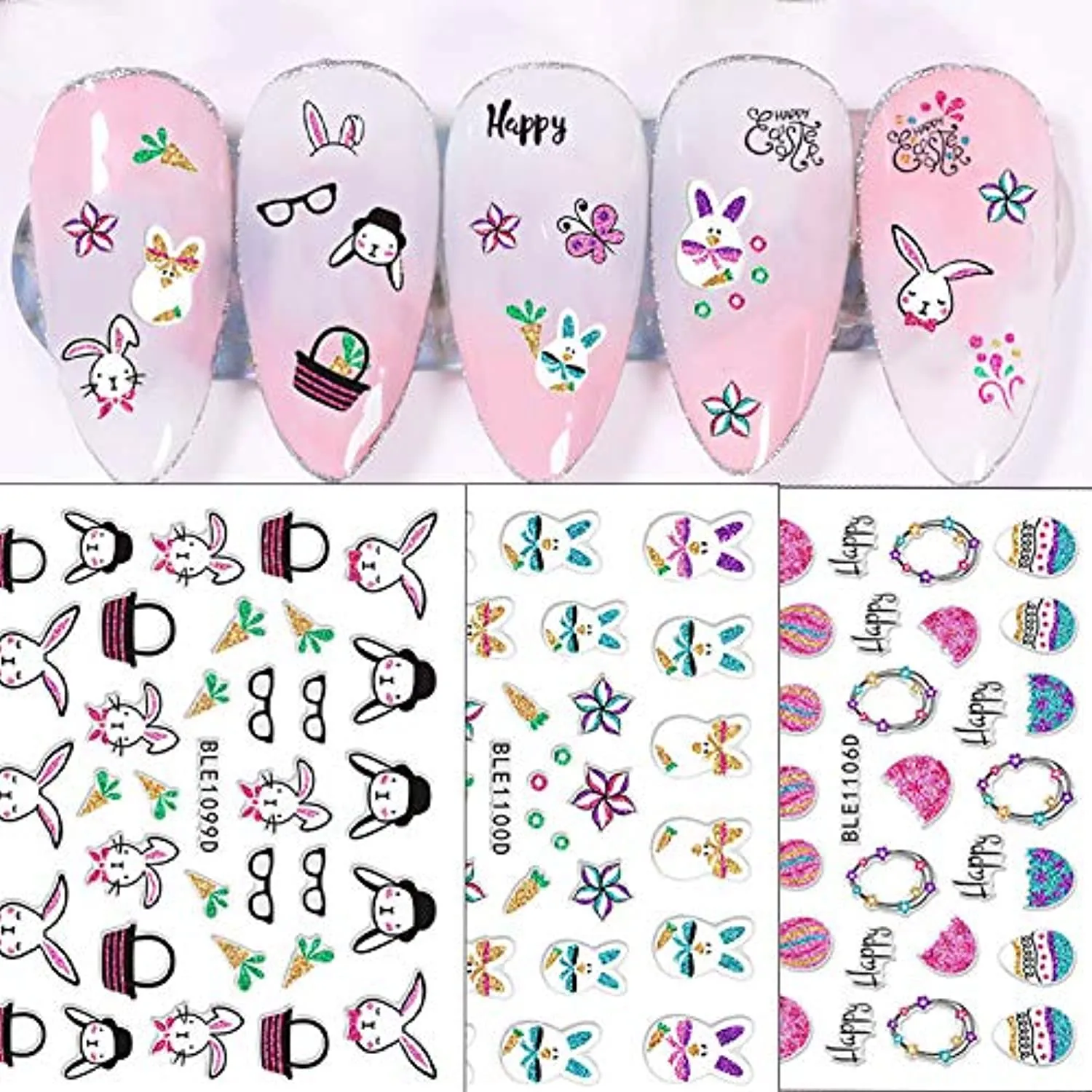 Easter Nail Art Stickers Decals Bunny Designer Nail Stickers for Nail Art Supplies Easter Basket Stuffers 3D Self-Adhesive Easter Eggs Rabbits Nail Sticker for Easter DIY Nail Decorations (12 Sheets)