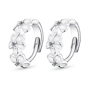 Elegant Flower Cubic Zirconia Hoop Earring, Rhodium Plated Vivid Ear Stud for Women, Ideal Gift for Her
