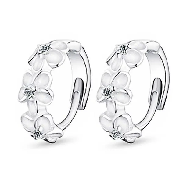 Elegant Flower Cubic Zirconia Hoop Earring, Rhodium Plated Vivid Ear Stud for Women, Ideal Gift for Her