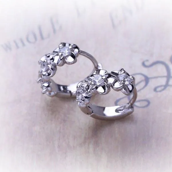 Elegant Flower Cubic Zirconia Hoop Earring, Rhodium Plated Vivid Ear Stud for Women, Ideal Gift for Her