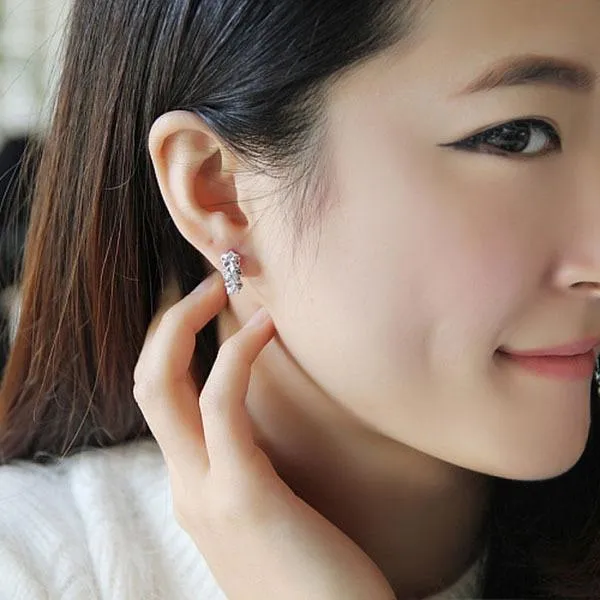 Elegant Flower Cubic Zirconia Hoop Earring, Rhodium Plated Vivid Ear Stud for Women, Ideal Gift for Her