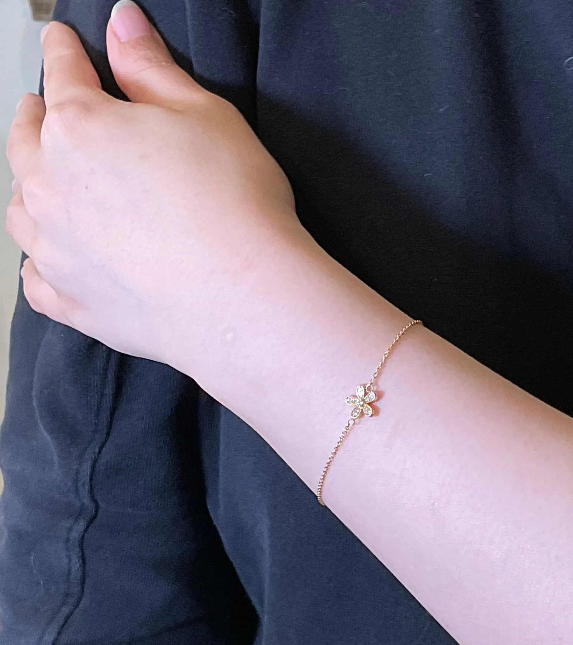 Flower Diamond Or Hamas Hand Dainty Bracelet In 14k
