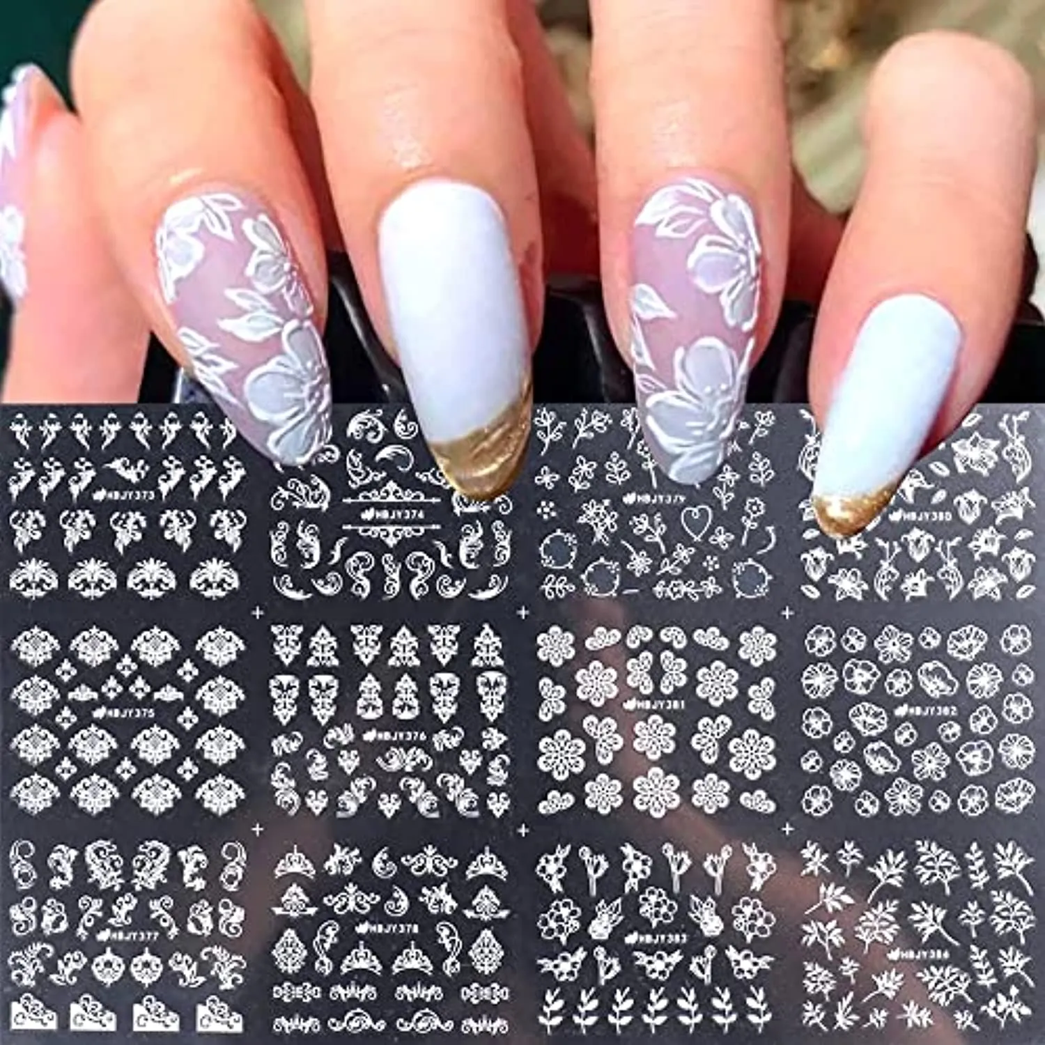 Flower Nail Stickers for Nail Art - White Flowers Nail Decals 3D Self-adhesive Nail Art Supplies Retro Blooming Flower Leaf Vine Lace Nail Art Stickers Nail Designs Manicure Tips Nail Decoration
