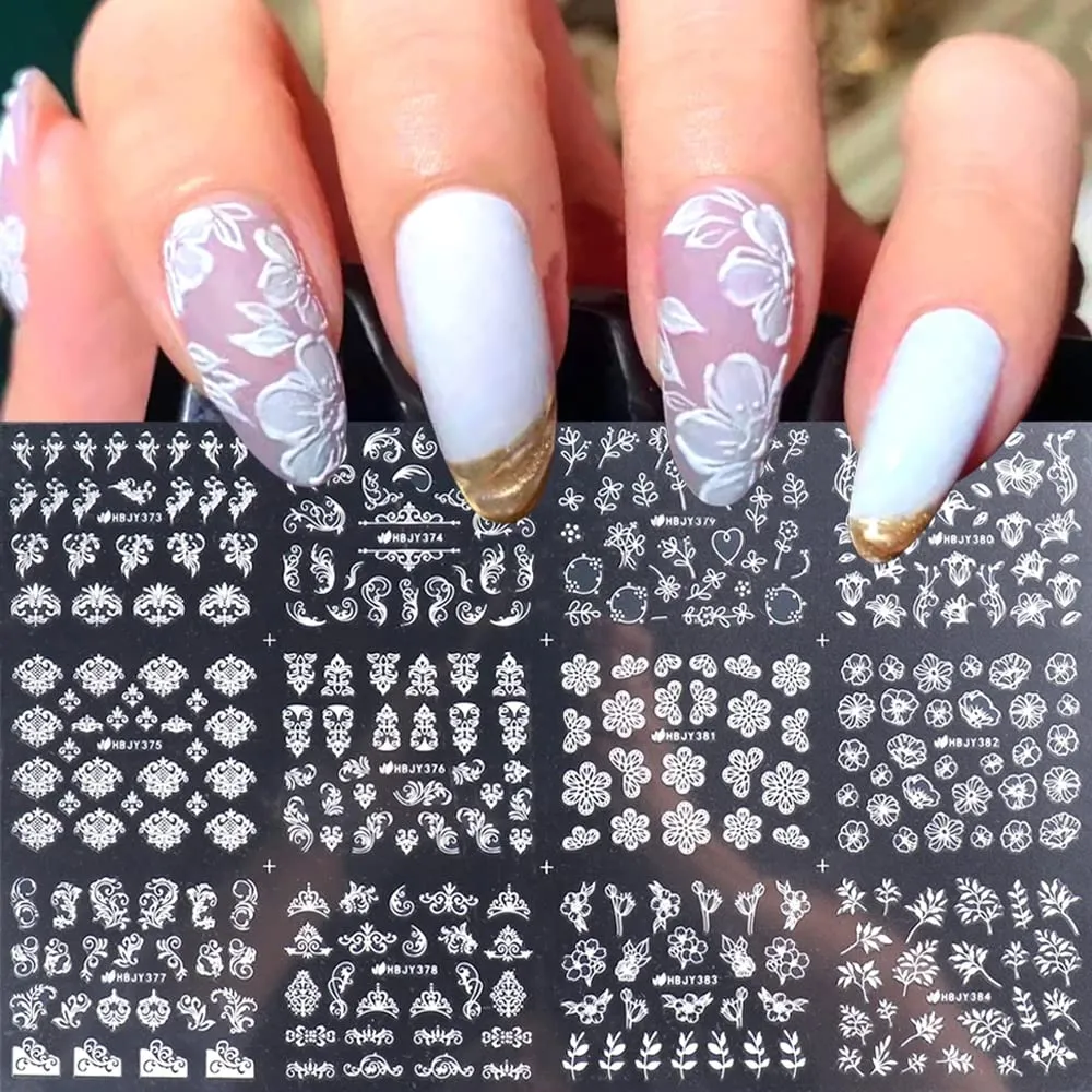 Flower Nail Stickers for Nail Art - White Flowers Nail Decals 3D Self-adhesive Nail Art Supplies Retro Blooming Flower Leaf Vine Lace Nail Art Stickers Nail Designs Manicure Tips Nail Decoration