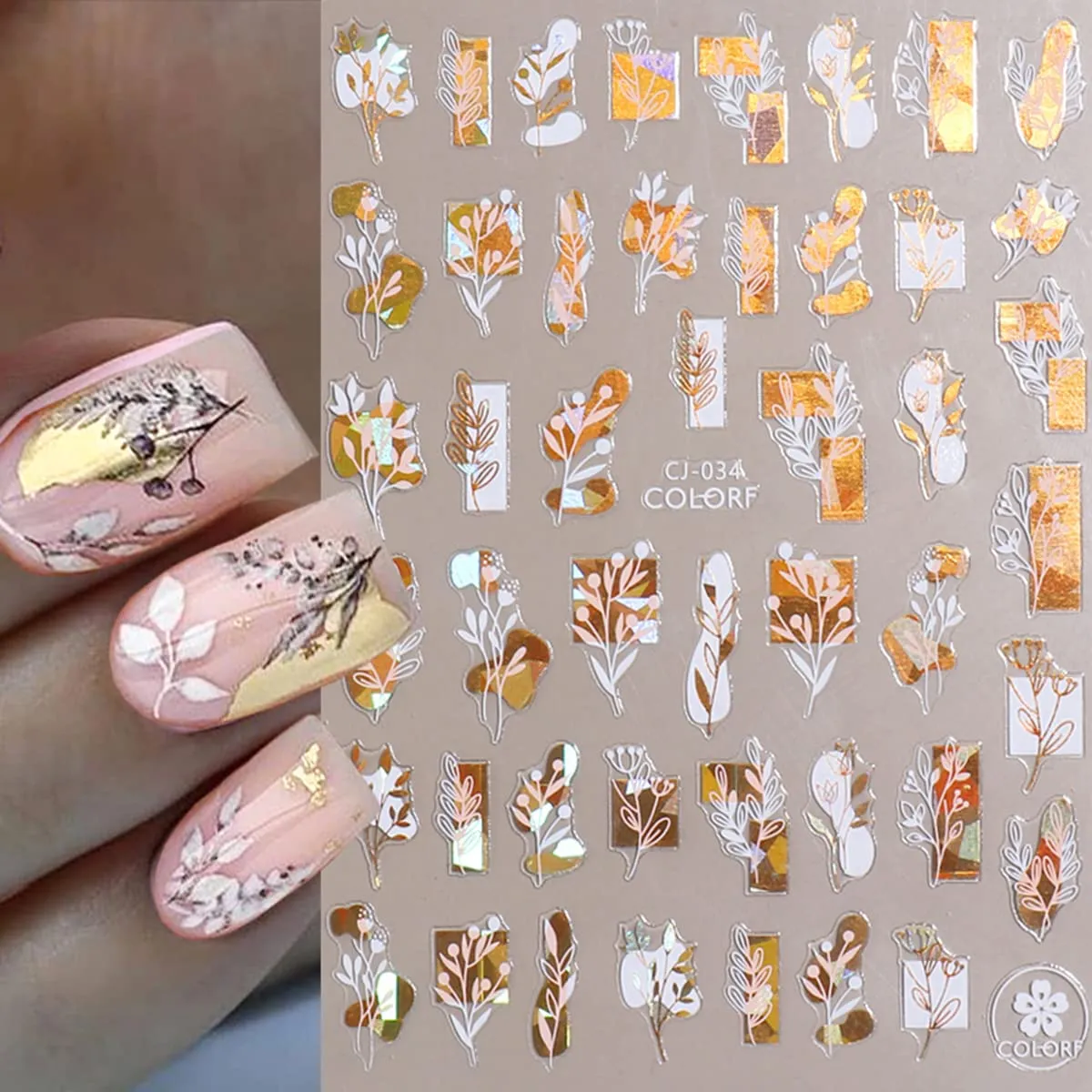 Flower Nail Stickers Holographic Gold White Nail Art Stickers 3D Laser Flowers Leaf Abstract Face Design Nail Decals for Nail Art DIY Acrylic Nail Decorations Manicure Decals for Women Girls 6Sheets