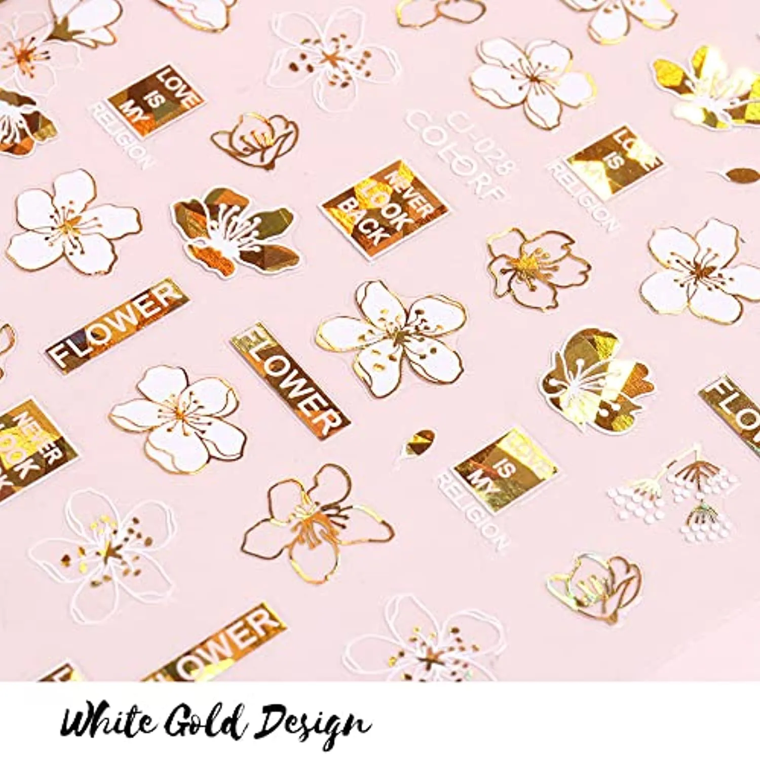 Flower Nail Stickers Holographic Gold White Nail Art Stickers 3D Laser Flowers Leaf Abstract Face Design Nail Decals for Nail Art DIY Acrylic Nail Decorations Manicure Decals for Women Girls 6Sheets