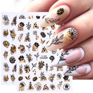 Flower Nail Stickers Holographic Gold White Nail Art Stickers 3D Laser Flowers Leaf Abstract Face Design Nail Decals for Nail Art DIY Acrylic Nail Decorations Manicure Decals for Women Girls 6Sheets