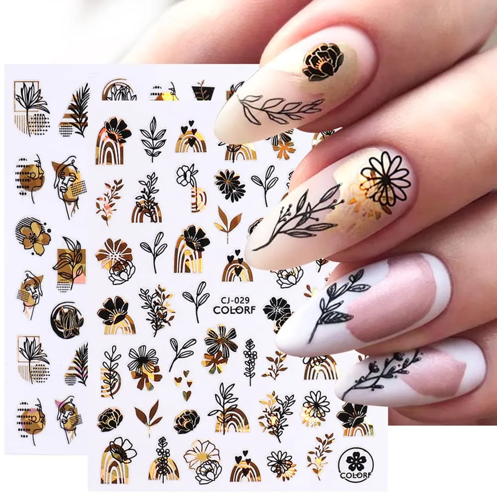 Flower Nail Stickers Holographic Gold White Nail Art Stickers 3D Laser Flowers Leaf Abstract Face Design Nail Decals for Nail Art DIY Acrylic Nail Decorations Manicure Decals for Women Girls 6Sheets