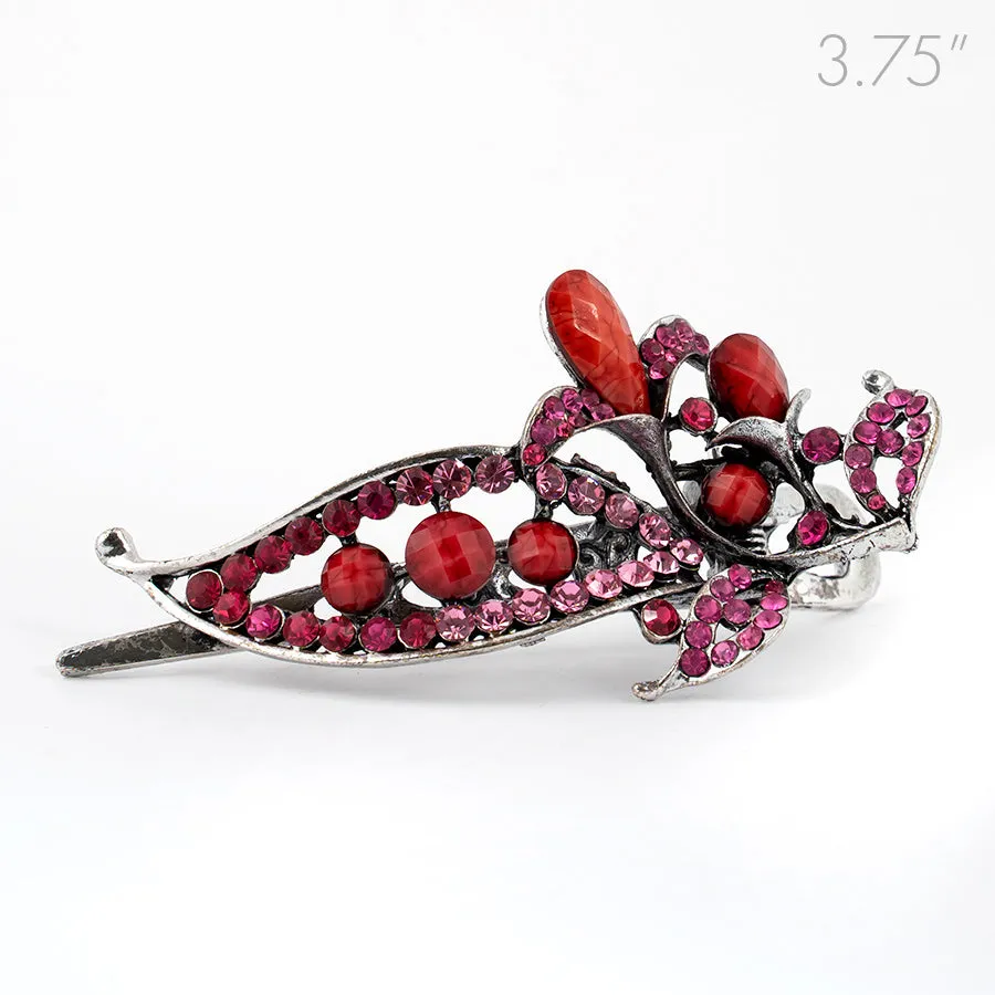 Flower Shaped Vintage Metal Beak Clip with Red Stones