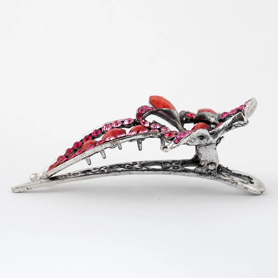 Flower Shaped Vintage Metal Beak Clip with Red Stones
