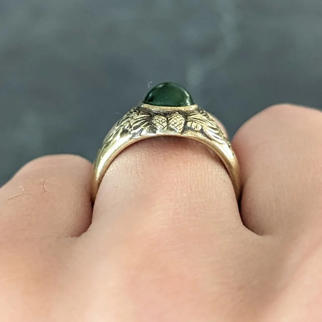 Frank Walter Lawrence Art Nouveau Jade Cabochon 14 Karat Yellow Gold Pine Cone Tree Unisex Antique Ring