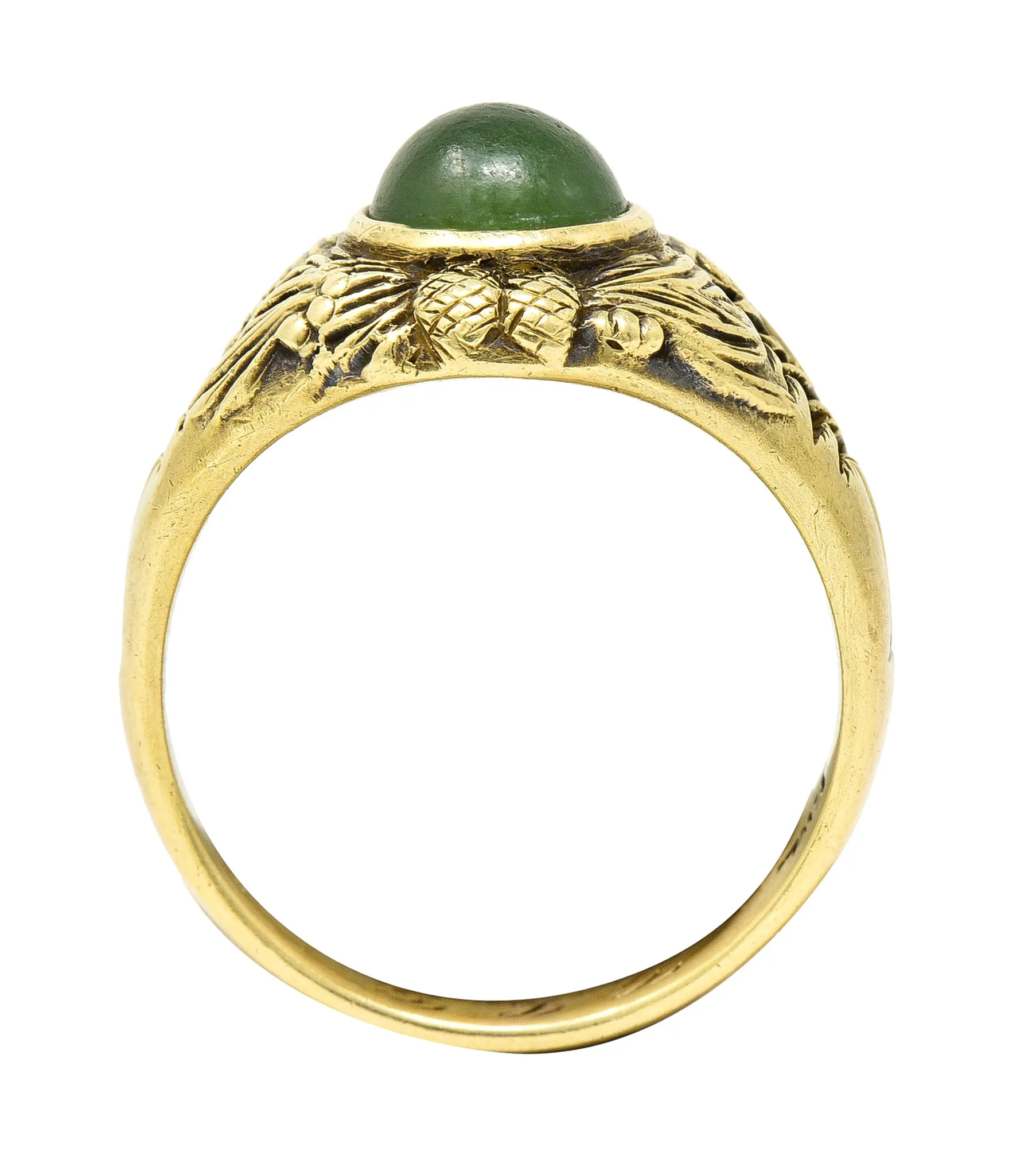 Frank Walter Lawrence Art Nouveau Jade Cabochon 14 Karat Yellow Gold Pine Cone Tree Unisex Antique Ring