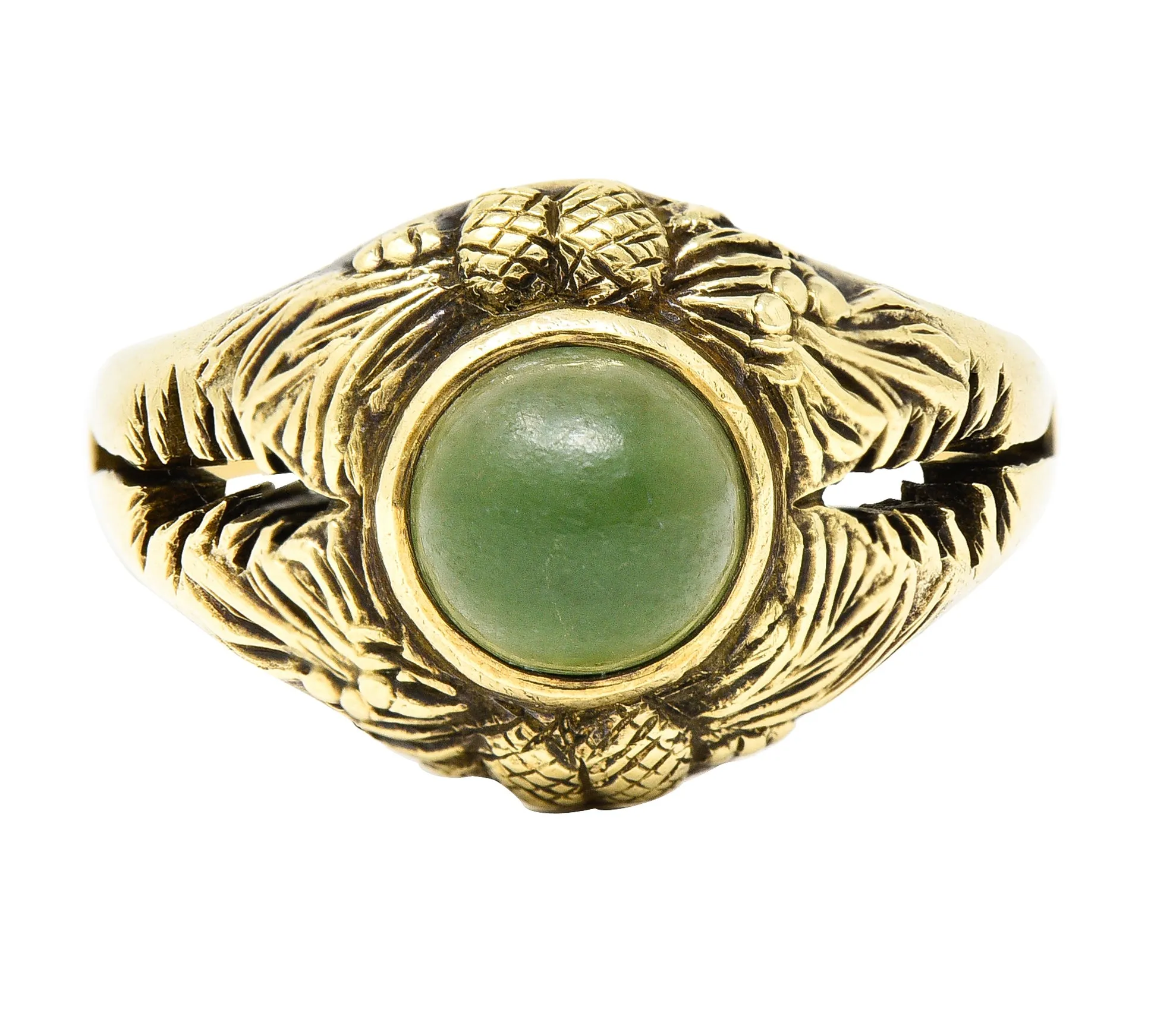 Frank Walter Lawrence Art Nouveau Jade Cabochon 14 Karat Yellow Gold Pine Cone Tree Unisex Antique Ring