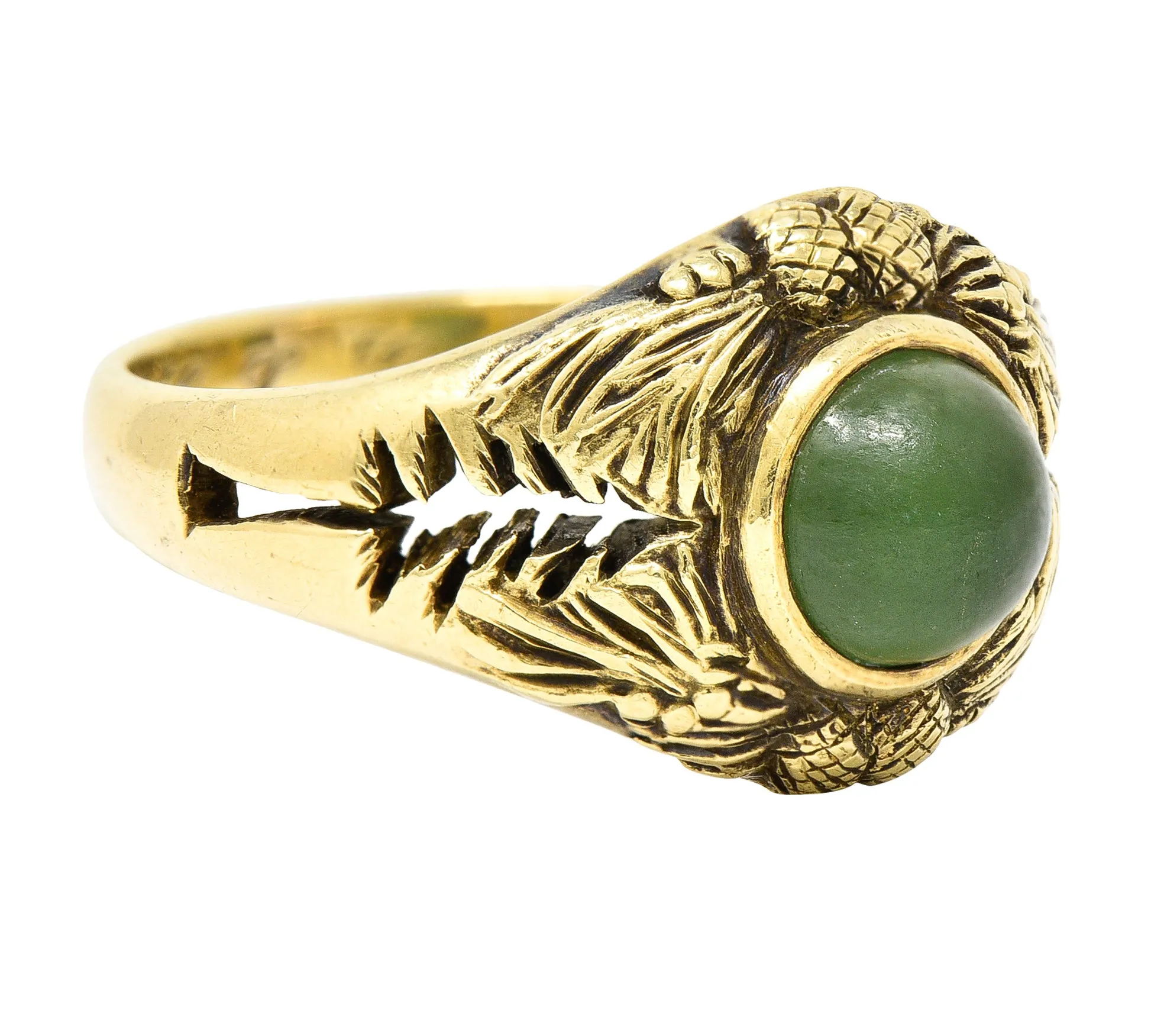 Frank Walter Lawrence Art Nouveau Jade Cabochon 14 Karat Yellow Gold Pine Cone Tree Unisex Antique Ring