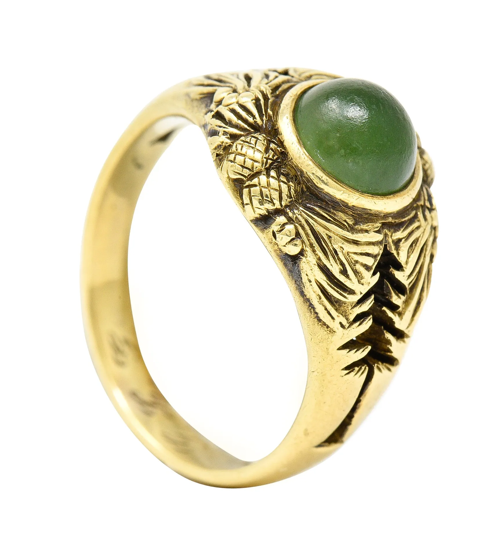 Frank Walter Lawrence Art Nouveau Jade Cabochon 14 Karat Yellow Gold Pine Cone Tree Unisex Antique Ring