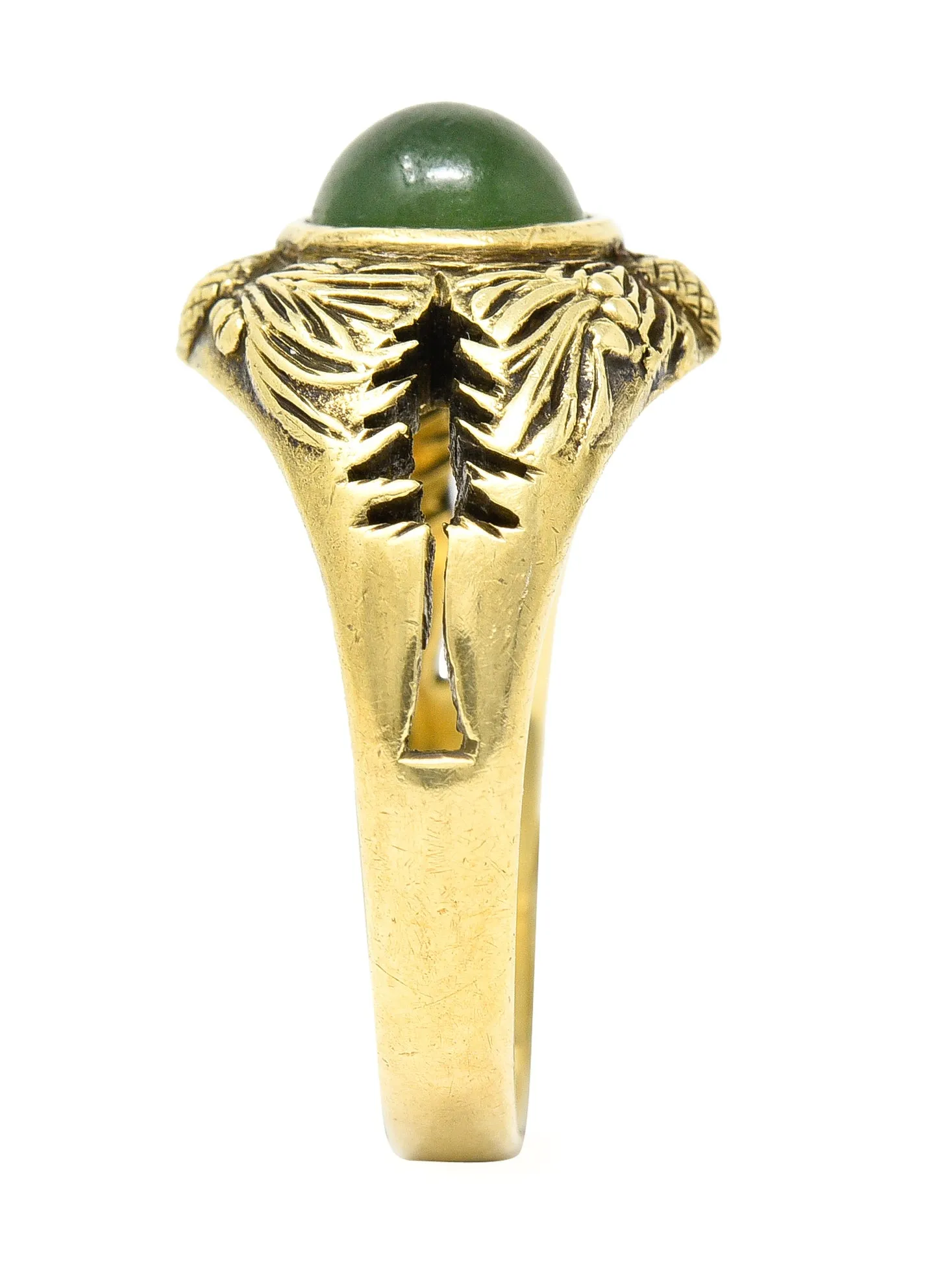 Frank Walter Lawrence Art Nouveau Jade Cabochon 14 Karat Yellow Gold Pine Cone Tree Unisex Antique Ring