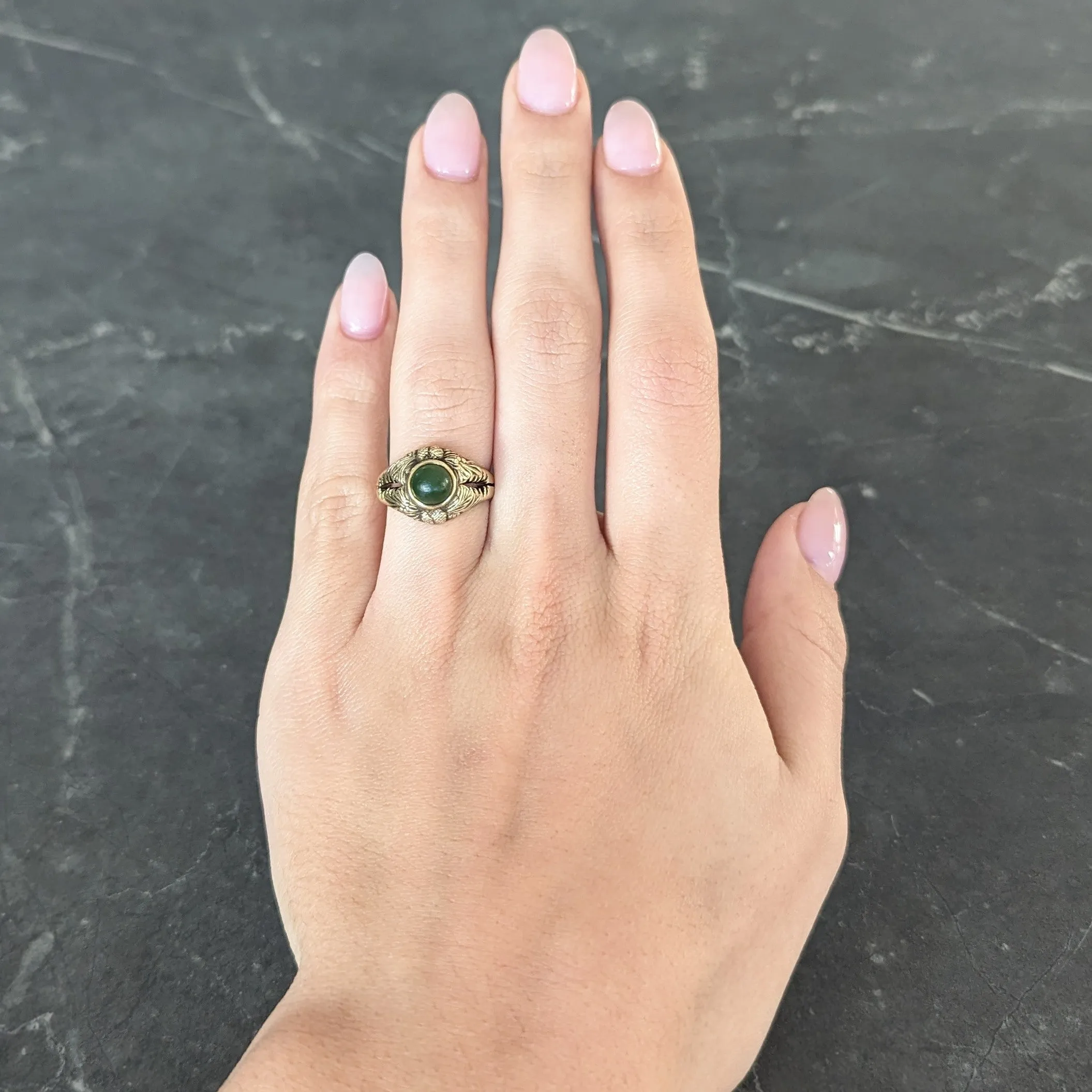 Frank Walter Lawrence Art Nouveau Jade Cabochon 14 Karat Yellow Gold Pine Cone Tree Unisex Antique Ring