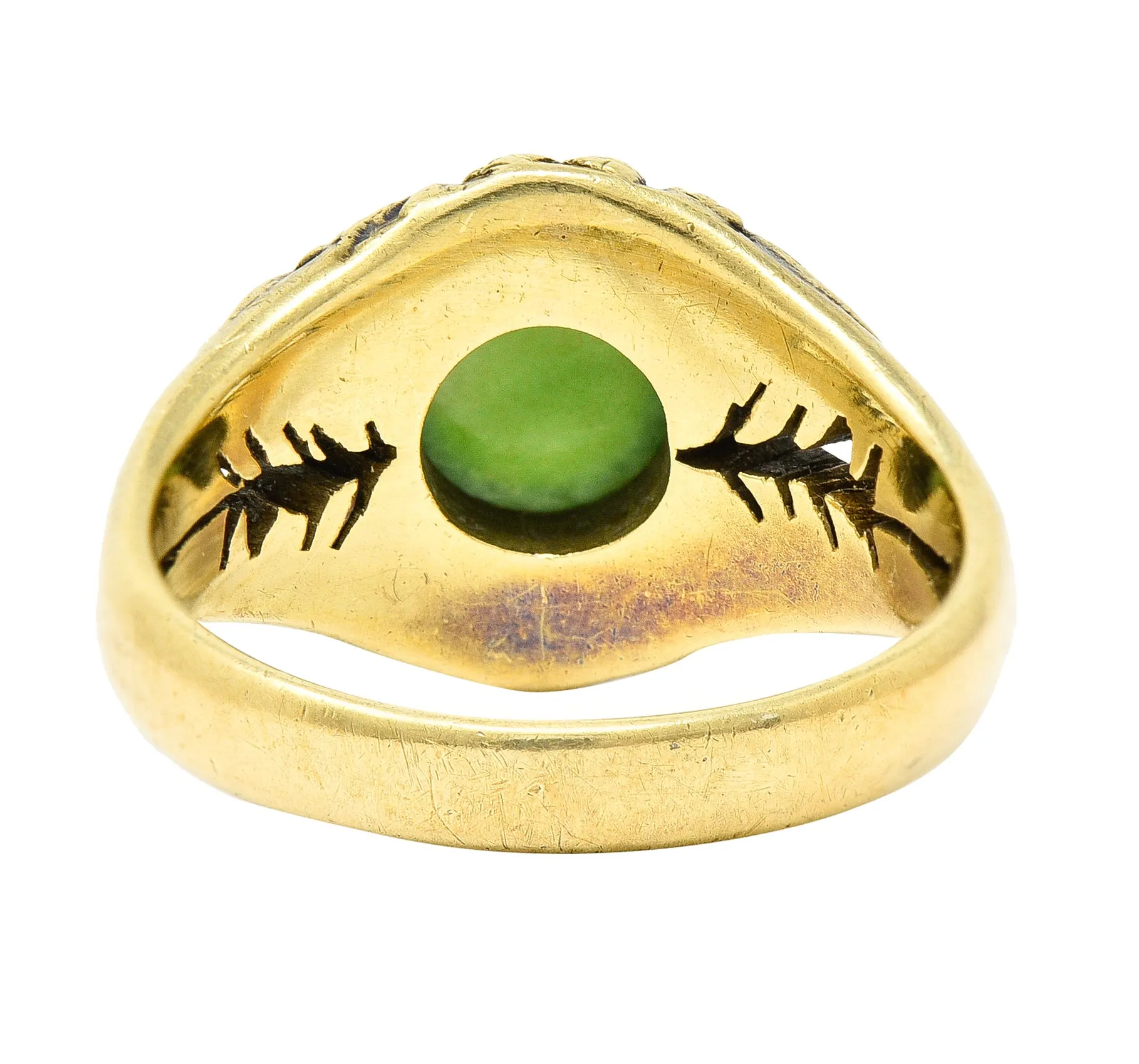 Frank Walter Lawrence Art Nouveau Jade Cabochon 14 Karat Yellow Gold Pine Cone Tree Unisex Antique Ring