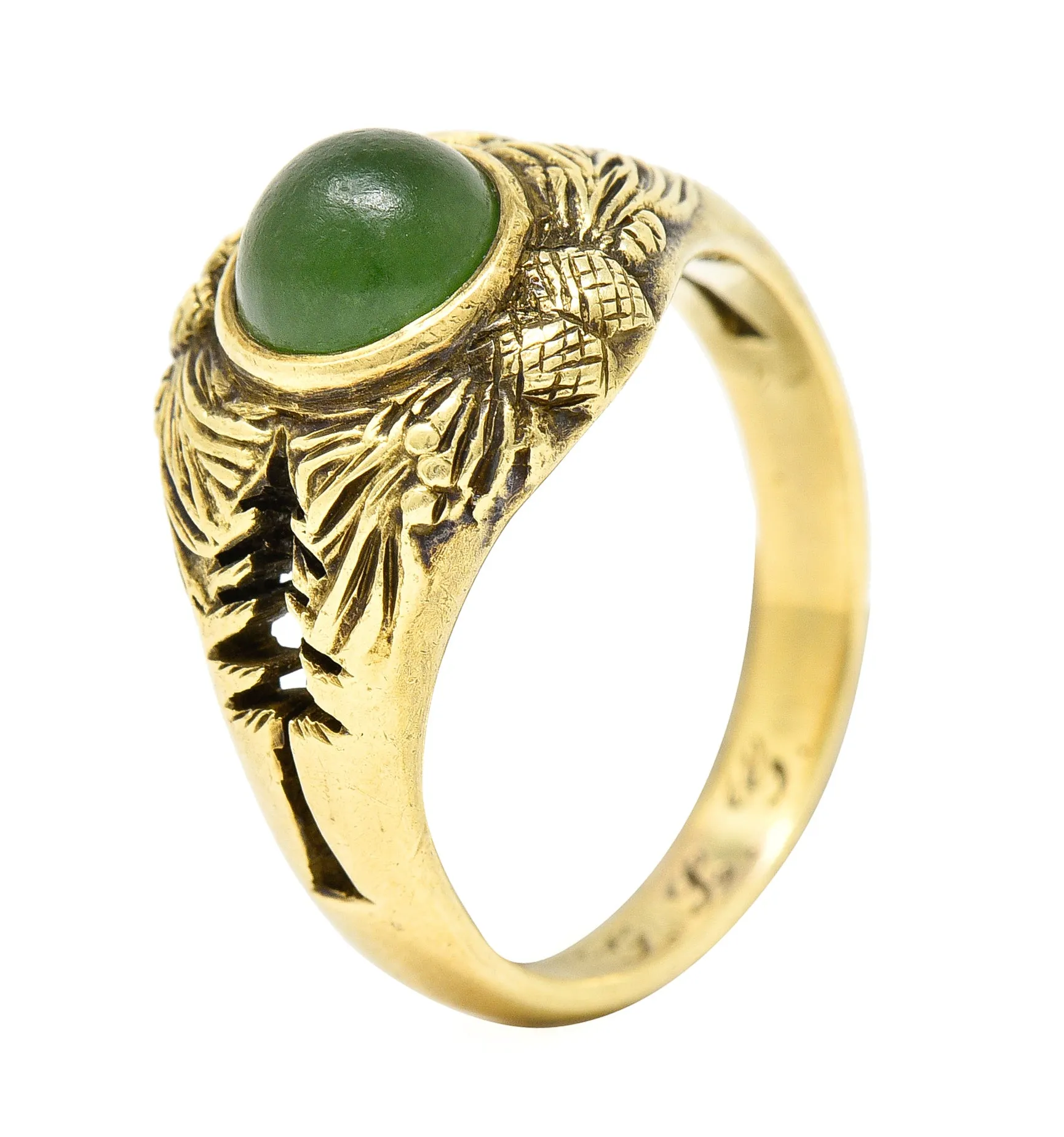 Frank Walter Lawrence Art Nouveau Jade Cabochon 14 Karat Yellow Gold Pine Cone Tree Unisex Antique Ring