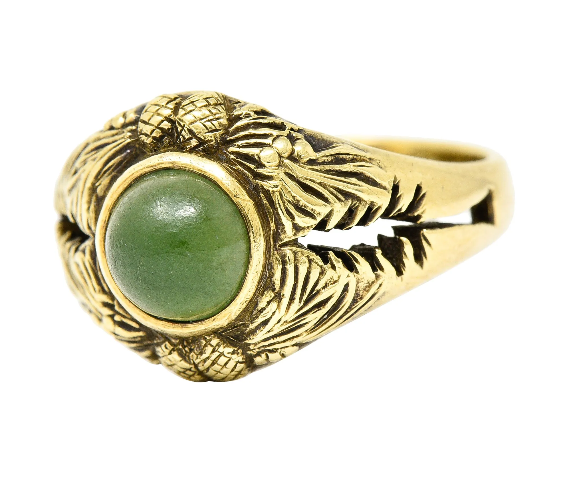 Frank Walter Lawrence Art Nouveau Jade Cabochon 14 Karat Yellow Gold Pine Cone Tree Unisex Antique Ring