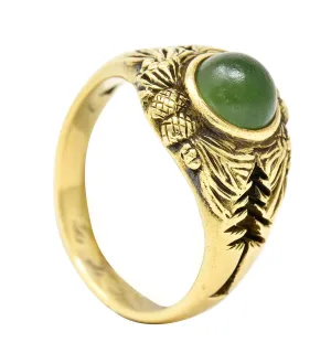 Frank Walter Lawrence Art Nouveau Jade Cabochon 14 Karat Yellow Gold Pine Cone Tree Unisex Antique Ring