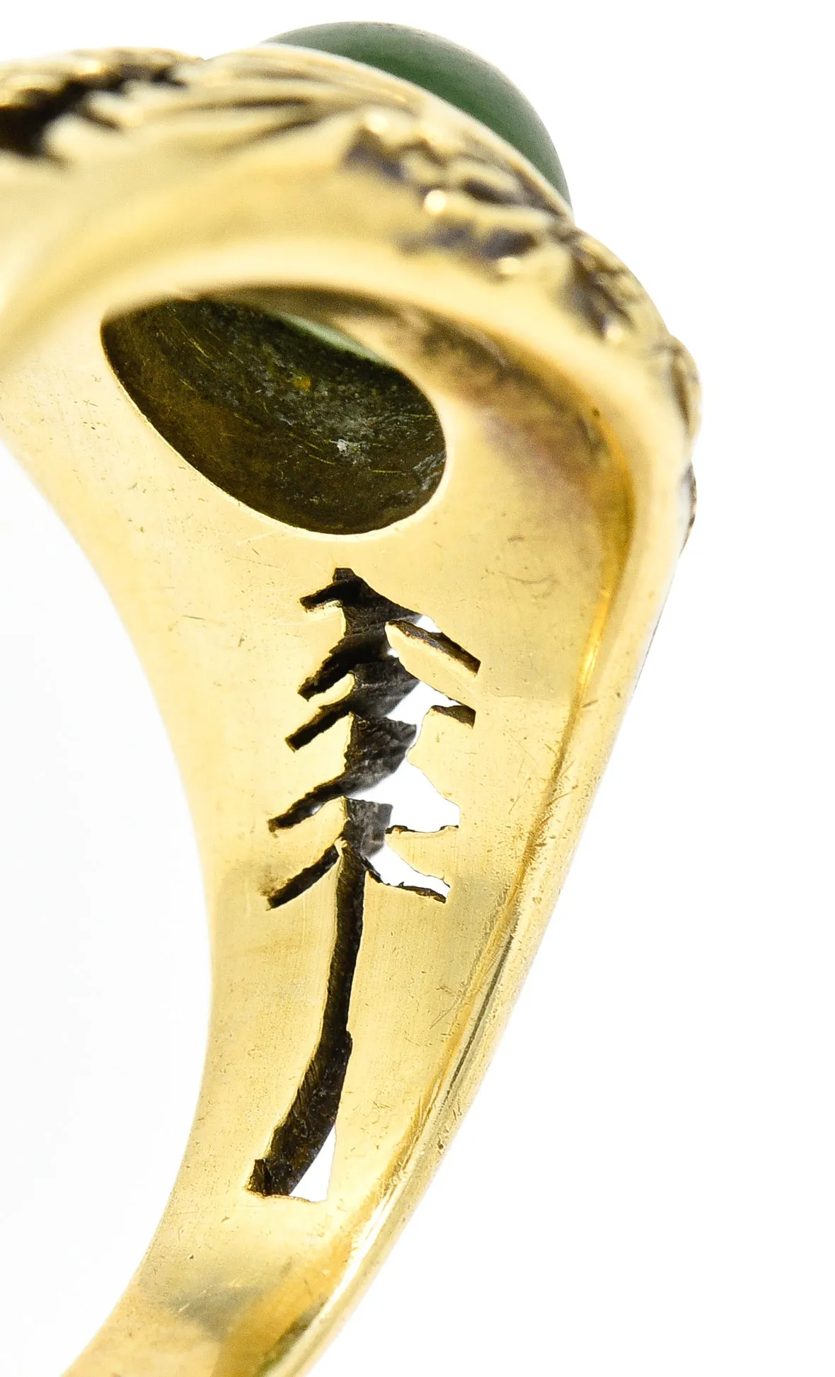 Frank Walter Lawrence Art Nouveau Jade Cabochon 14 Karat Yellow Gold Pine Cone Tree Unisex Antique Ring