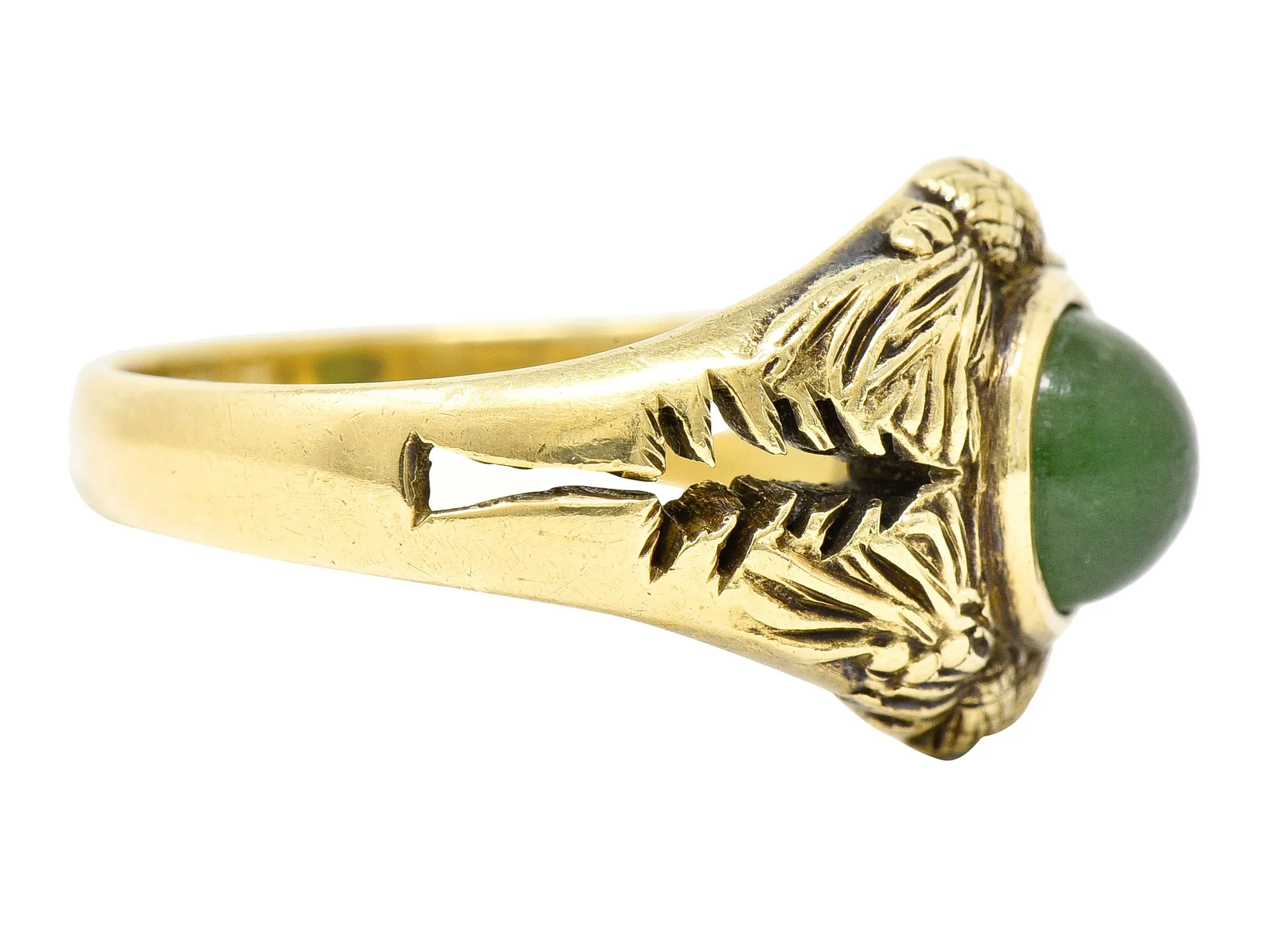 Frank Walter Lawrence Art Nouveau Jade Cabochon 14 Karat Yellow Gold Pine Cone Tree Unisex Antique Ring