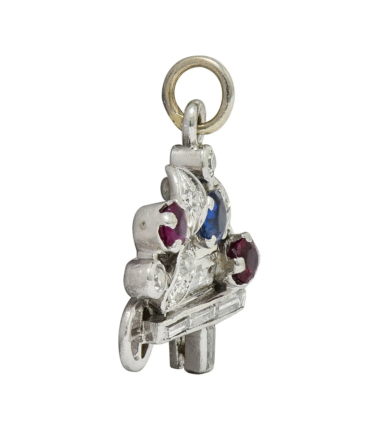 French Art Deco Sapphire Ruby Diamond Platinum Vintage Flower Cart Charm