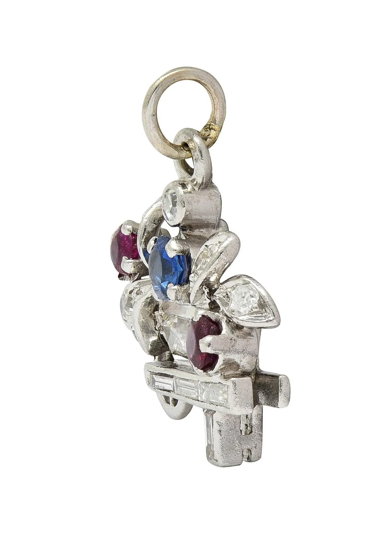 French Art Deco Sapphire Ruby Diamond Platinum Vintage Flower Cart Charm