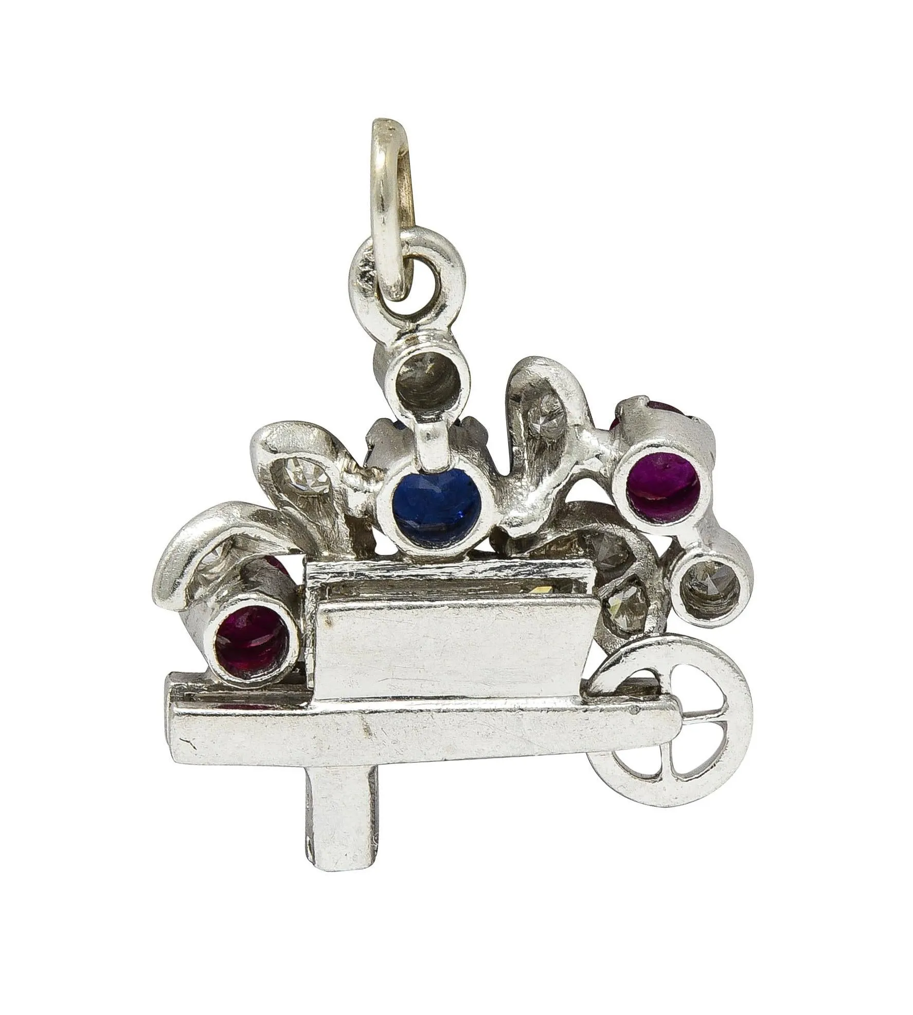 French Art Deco Sapphire Ruby Diamond Platinum Vintage Flower Cart Charm