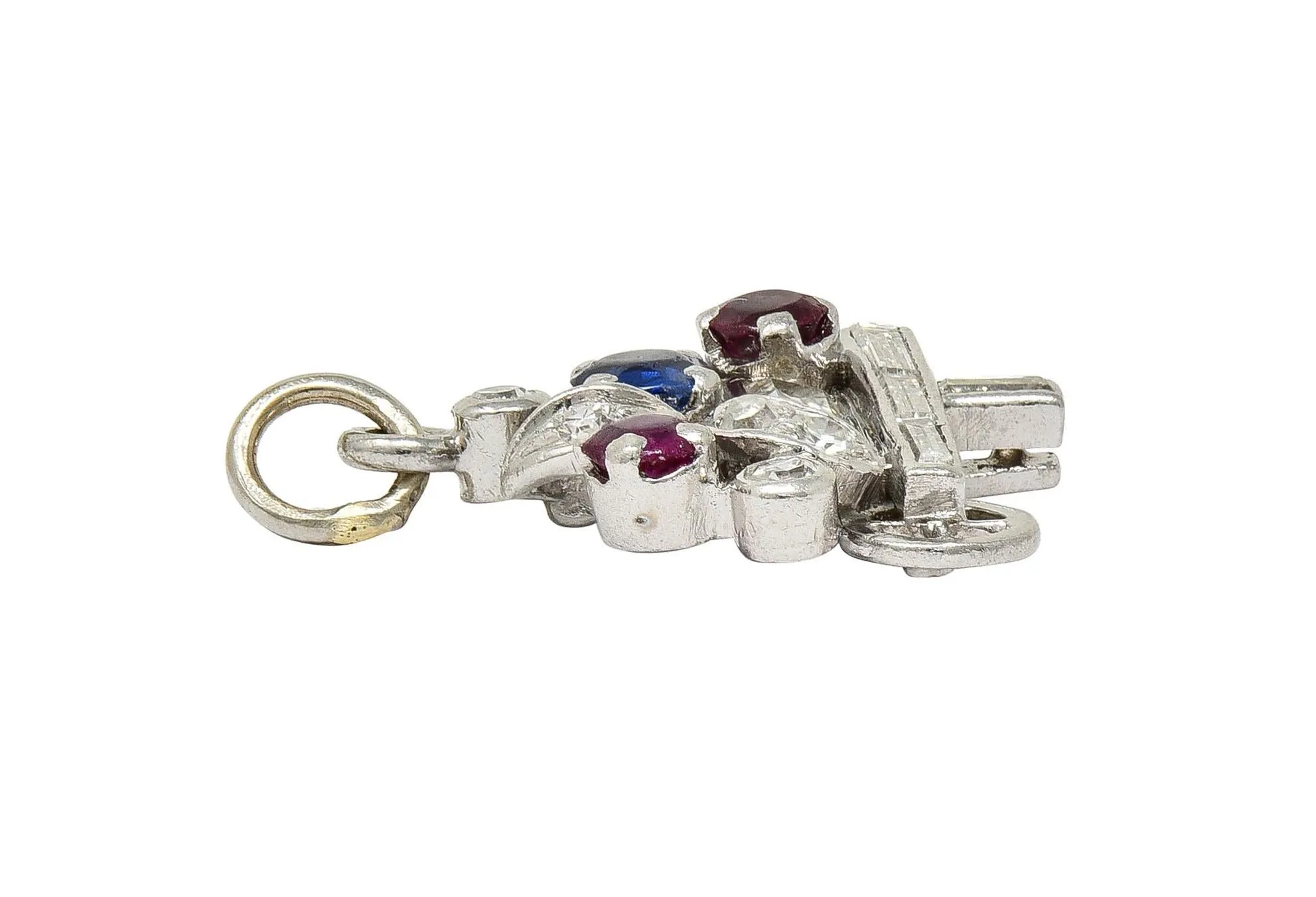 French Art Deco Sapphire Ruby Diamond Platinum Vintage Flower Cart Charm