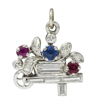 French Art Deco Sapphire Ruby Diamond Platinum Vintage Flower Cart Charm