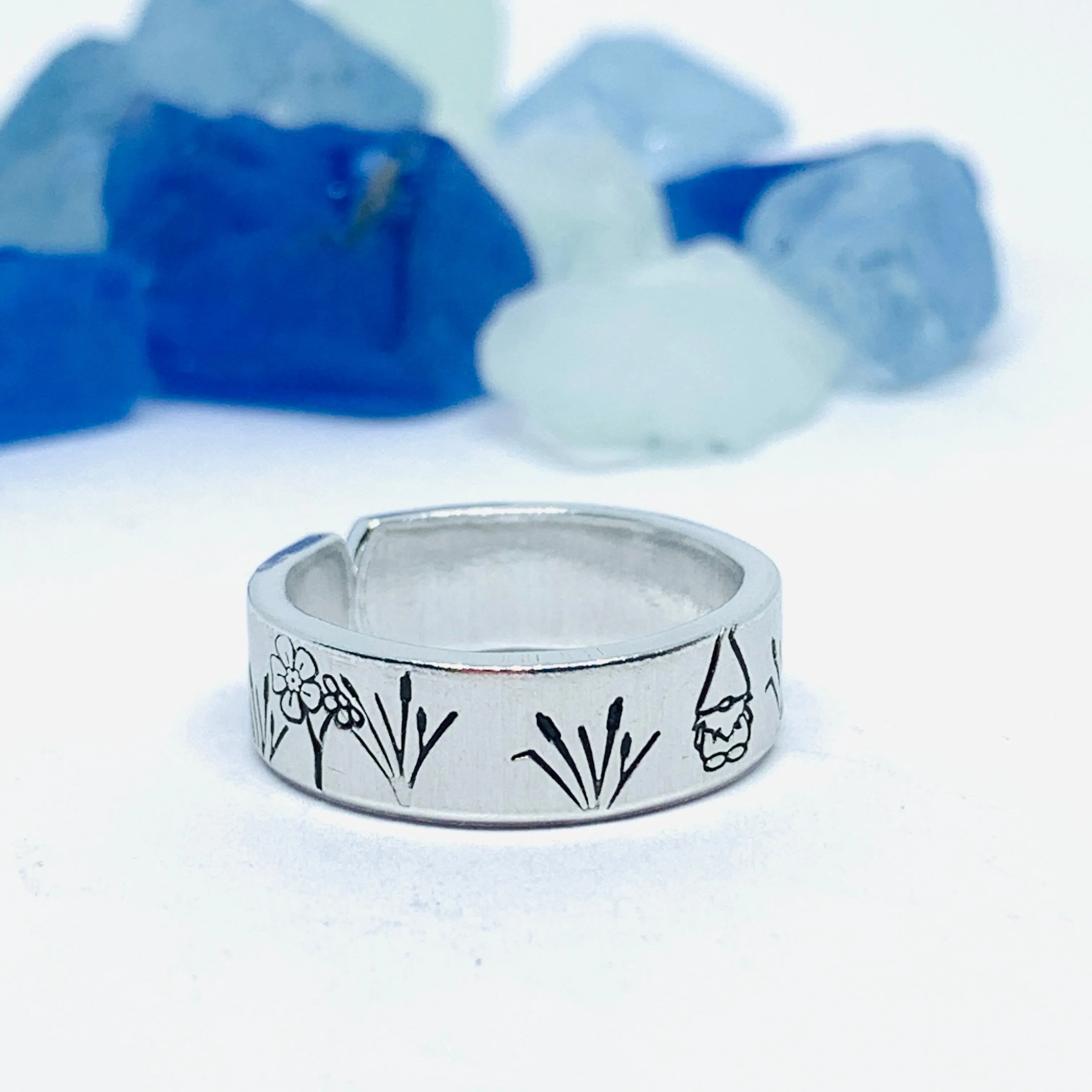 Gnome Garden Hand Stamped Ring | Gnomies Ring | Gift for Her | Gnome Ring | Garden Grass Ring | Fun unique gift | Bees Grasses Fireflies