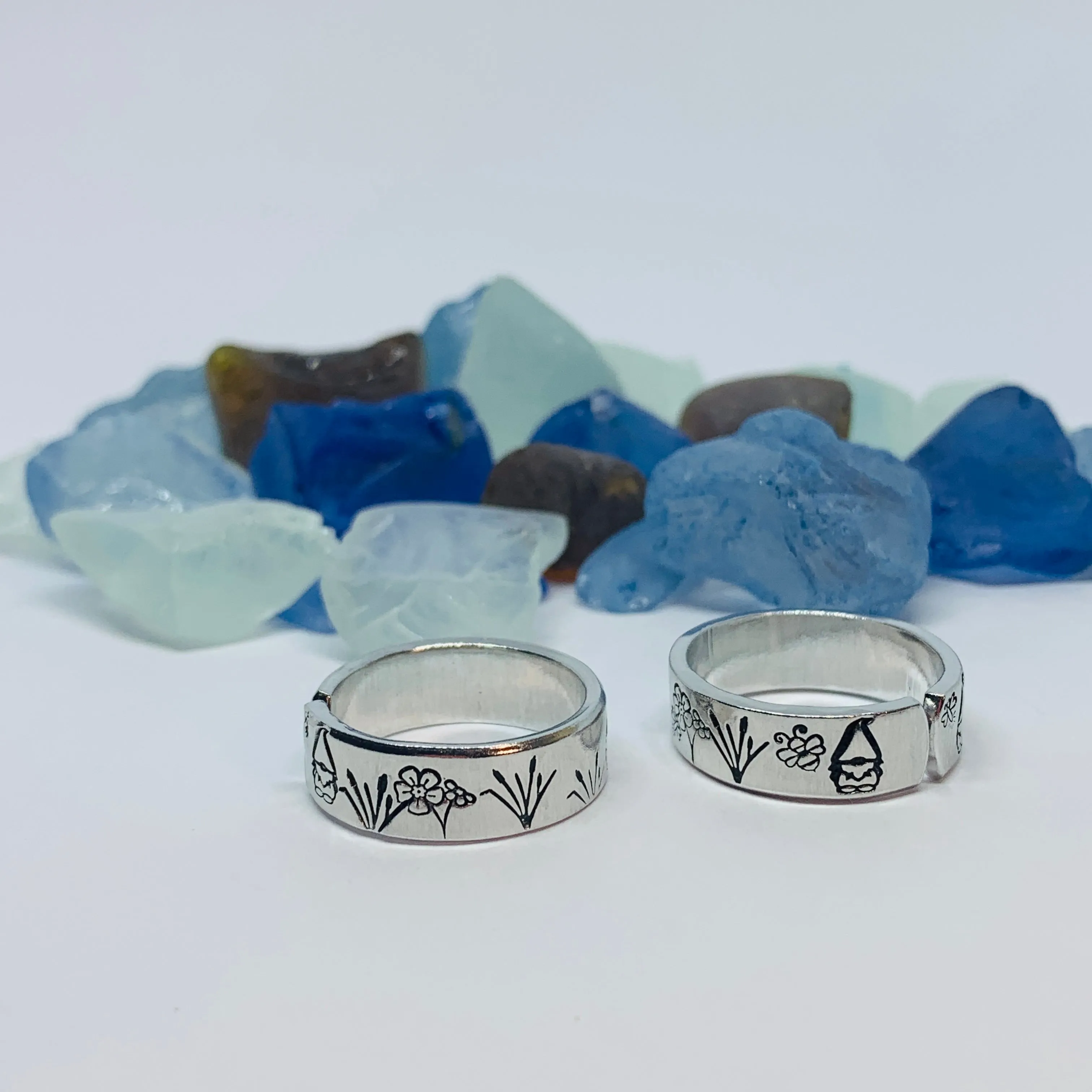 Gnome Garden Hand Stamped Ring | Gnomies Ring | Gift for Her | Gnome Ring | Garden Grass Ring | Fun unique gift | Bees Grasses Fireflies