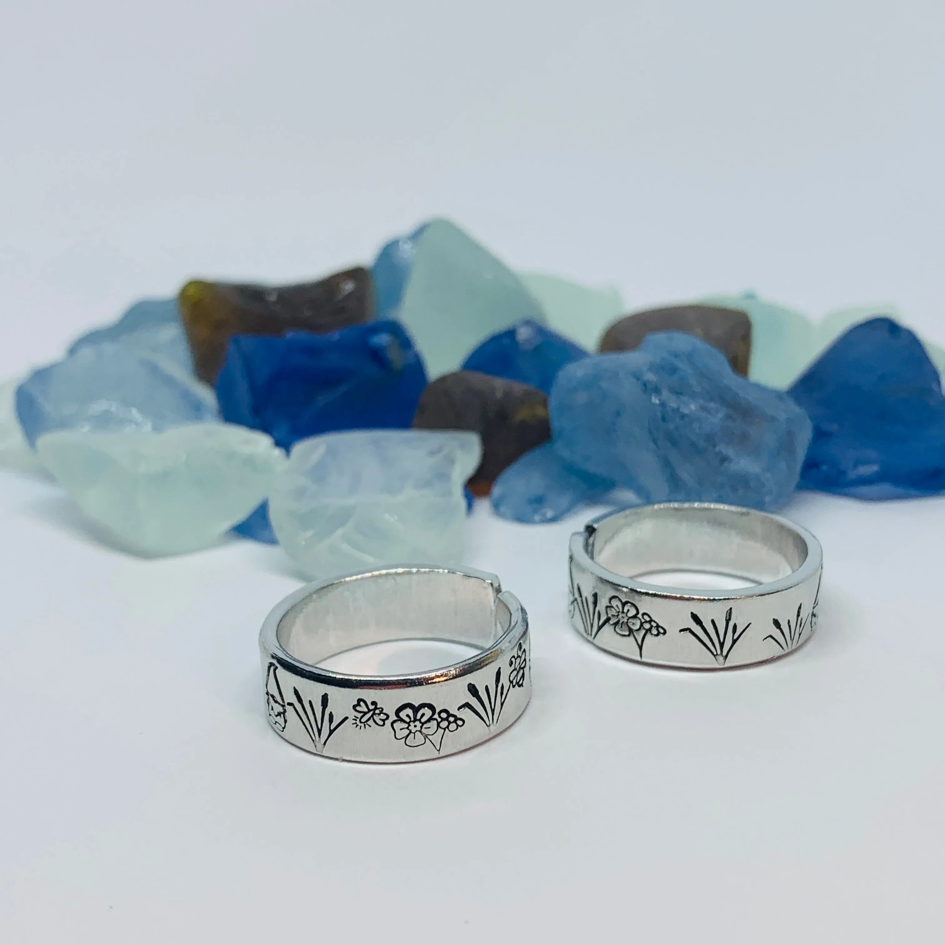 Gnome Garden Hand Stamped Ring | Gnomies Ring | Gift for Her | Gnome Ring | Garden Grass Ring | Fun unique gift | Bees Grasses Fireflies
