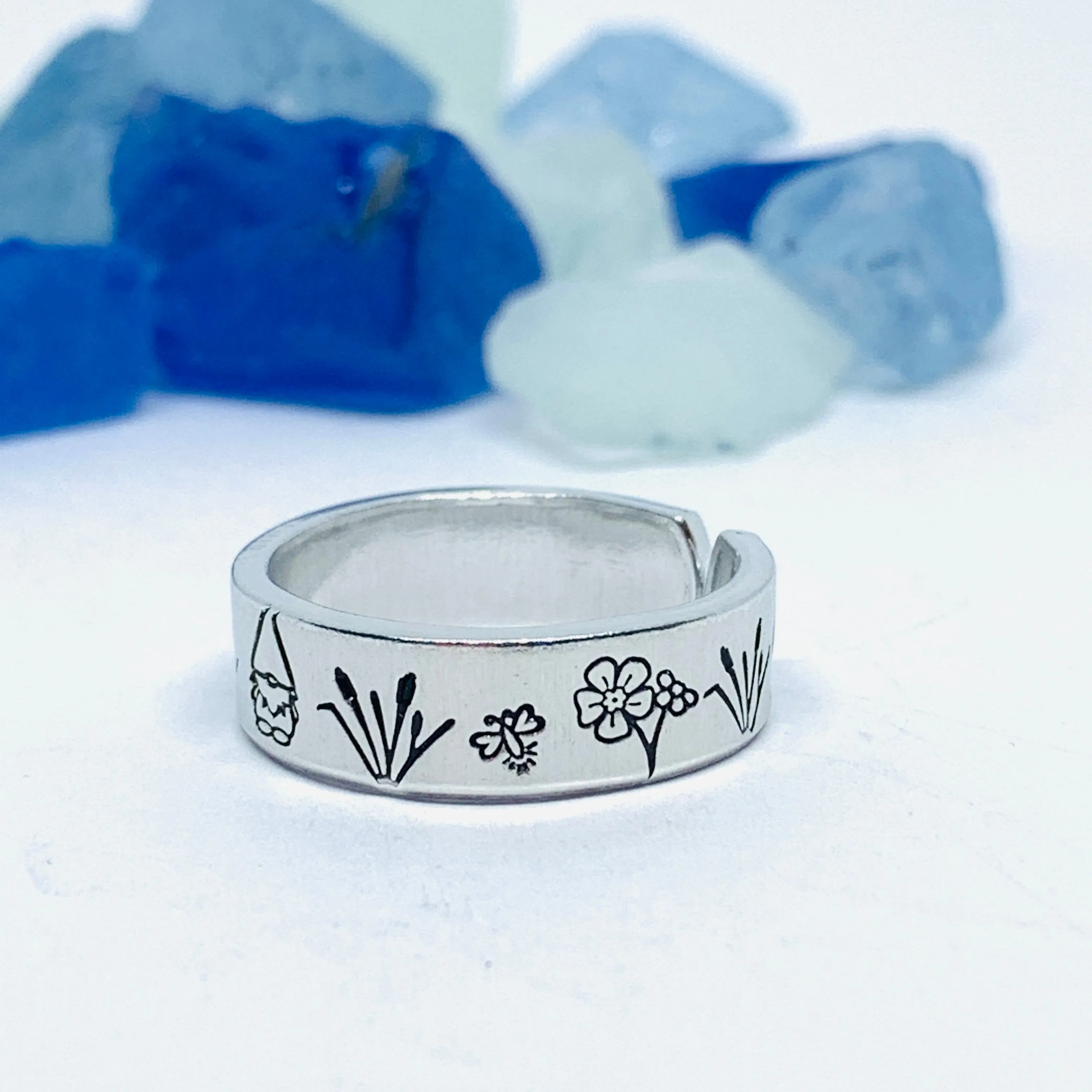 Gnome Garden Hand Stamped Ring | Gnomies Ring | Gift for Her | Gnome Ring | Garden Grass Ring | Fun unique gift | Bees Grasses Fireflies