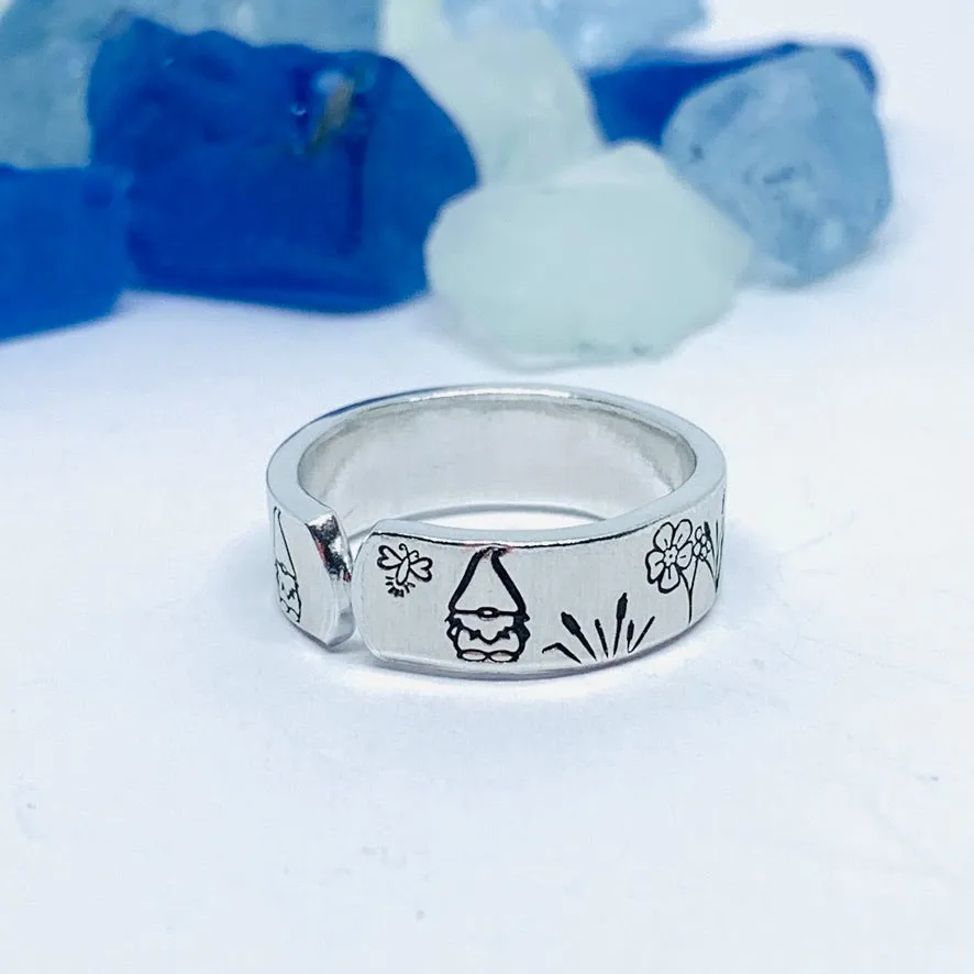 Gnome Garden Hand Stamped Ring | Gnomies Ring | Gift for Her | Gnome Ring | Garden Grass Ring | Fun unique gift | Bees Grasses Fireflies