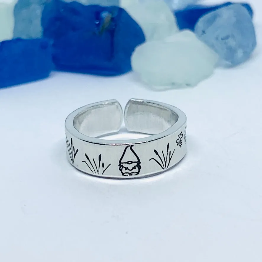 Gnome Garden Hand Stamped Ring | Gnomies Ring | Gift for Her | Gnome Ring | Garden Grass Ring | Fun unique gift | Bees Grasses Fireflies