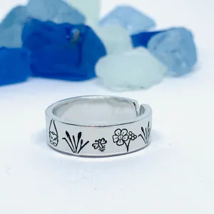 Gnome Garden Hand Stamped Ring | Gnomies Ring | Gift for Her | Gnome Ring | Garden Grass Ring | Fun unique gift | Bees Grasses Fireflies